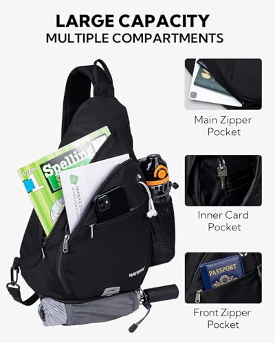 WATERFLY Sling Bag Sling Backpack Small Crossbody Shoulder Bag for Men Women Traveling Cycling Hiking Daypack - color: Black