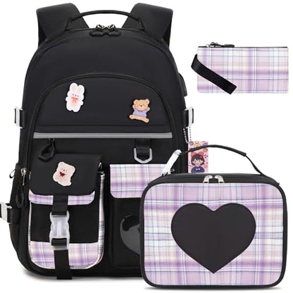 ACESAK Backpack for Girls - Bookbag Backpacks Schoolbag for Girls Kids Teen Women Casual Travel Daypacks - School Bag Elementary Middle School College Cute Backpack with Lunch Box (Black Purple) - color: Black Purple