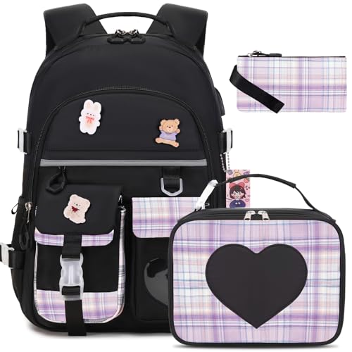 ACESAK Backpack for Girls - Bookbag Backpacks Schoolbag for Girls Kids Teen Women Casual Travel Daypacks - School Bag Elementary Middle School College Cute Backpack with Lunch Box (Black Purple) - color: Black Purple