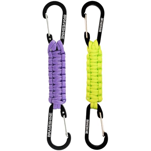 BRAVESHINE Paracord Keychain Carabiner Clip, D Ring Lanyard Hanger Stroller Hook for Water Bottle, Key, Backpacks, Men, Women - color: 1 Purple 1 Green