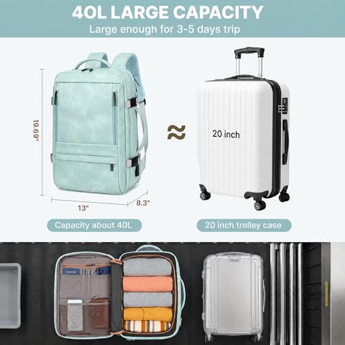 Travel Backpack for Women, PU Leather Carry On Backpack Flight Approved with Laptop Compartment, 40L Expandable Personal Item Travel Bag for Traveling Weekender Business (Light Blue) - color: Light Blue