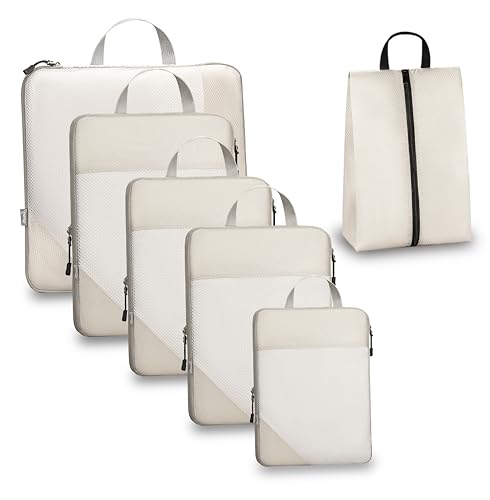 Compression Travel Packing Cubes with White Mesh, Apricot, 6Pcs | Waterproof fabric and See-Through Mesh, Space-Saving Compression Organizer for Travel and Daily Clothes Storage - color: Apricot, size: Set of 6