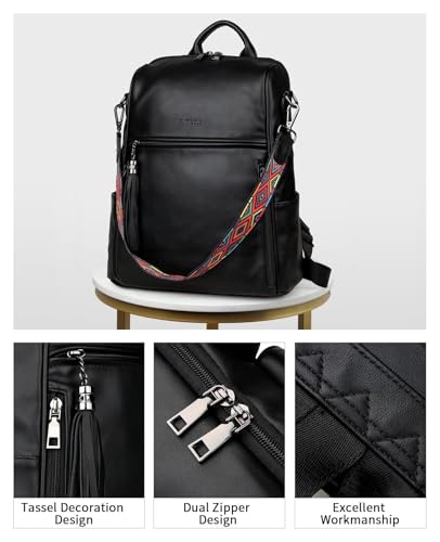 FADEON Leather Backpack Purse for Women Designer Travel Backpack Purses PU Fashion Ladies Shoulder Bag with Tassel - color: 1 Pure Black
