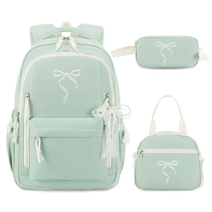 Kids Backpack for Girls - 3PCS Cute Embroidered Bow Girls Backpack with Insulated Lunch Bag & Pencil Case - Bookbag for Teen Women Middle High School College Work Travel Daypack - color: Sage