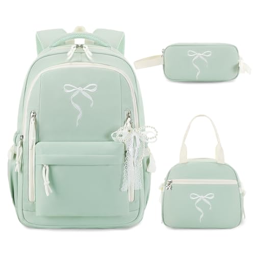 Kids Backpack for Girls - 3PCS Cute Embroidered Bow Girls Backpack with Insulated Lunch Bag & Pencil Case - Bookbag for Teen Women Middle High School College Work Travel Daypack - color: Sage