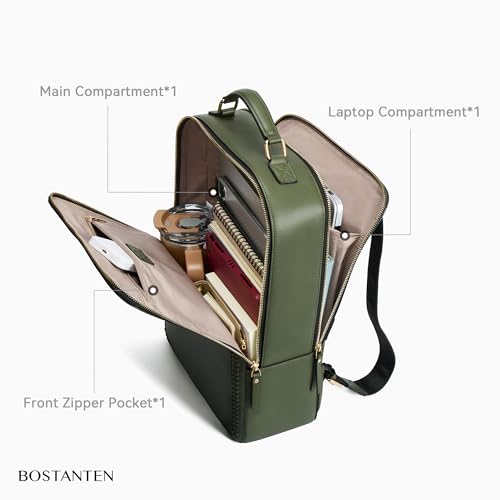 BOSTANTEN Leather Backpack 15.6 inch Laptop Bag Travel Casual Computer Backpack College Business Work Shoulder Bags with Trolley Sleeve for Women Men Olive Green - color: Olive Green