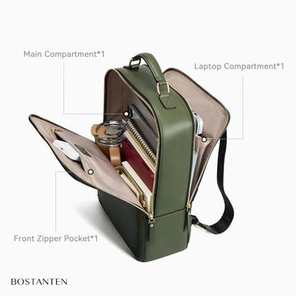 BOSTANTEN Leather Backpack 15.6 inch Laptop Bag Travel Casual Computer Backpack College Business Work Shoulder Bags with Trolley Sleeve for Women Men Olive Green - color: Olive Green