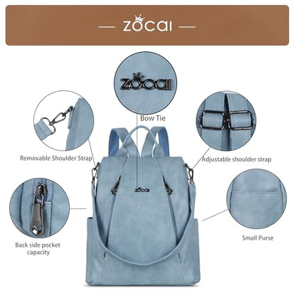 ZOCAI Backpack Purse for Women Medium Anti-Theft Backpacks Purses Design Leather Shoulder Bags with Removable Strap - color: Sky Blue