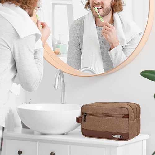 WITZMAN Canvas Toiletry Bag for Men Travel Toiletries Dopp Kit Multi-pocket - color: Brown