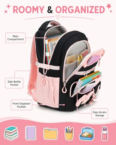 CAMTOP Girls Backpack with Lunch Box & Pencil Case Set, School Backpack for Girls with Large Water Bottle Holder Straps, Waterproof Kids Backpack, Cute Bookbag for Elementary School & Travel - color: Black Pink
