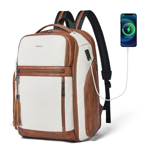 Shrrie Leather Backpack for Women, 17 Inch TSA Travel Backpack with USB Charger, 48L Expandable Large Capacity Computer Backpack Purse for Work Business Travel, Beige - color: Beige With Brown