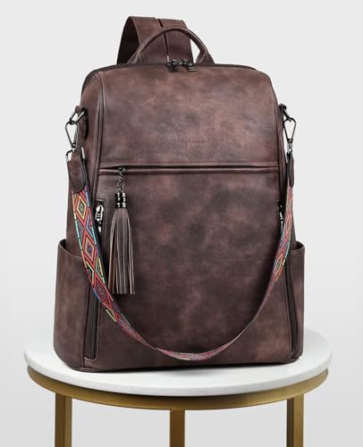 FADEON Leather Laptop Backpack for Women Designer 15.6 inch PU Laptop Bag, Ladies Travel Computer Work Backpack Coffee Brown - color: Coffee Brown Retro Style