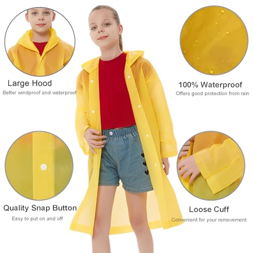 Rain Ponchos Raincoats for Kids, Reusable Boys Girls Rain Jackets Emergency with Hood for Family Disney Travel Outdoor - color: D-yellow