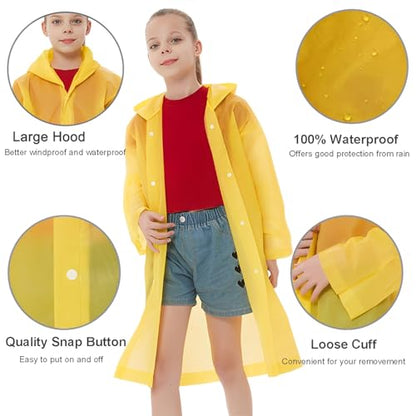 Rain Ponchos Raincoats for Kids, Reusable Boys Girls Rain Jackets Emergency with Hood for Family Disney Travel Outdoor - color: D-yellow