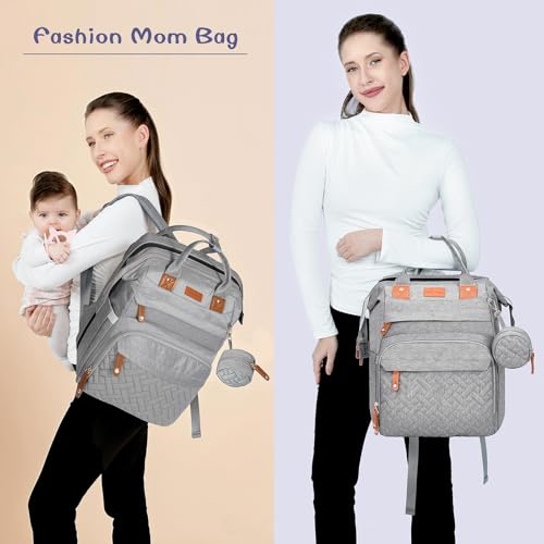 JOYCE Diaper Bag Backpack with Changing Pad, Water-Resistant, Grey | Portable changinag pad, insulated bottle pockets, stroller straps, pacifier case, Multi-Compartment storage - color: Grey
