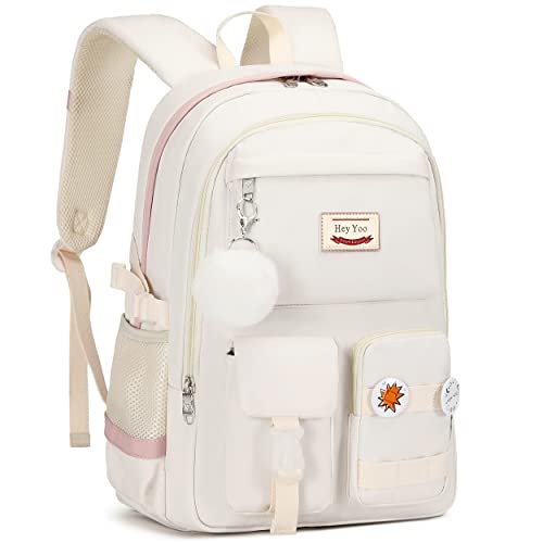 Hey Yoo School Backpack for Girls Backpack with Lunch Box Teen Girl Backpack Set Cute School Bag Bookbag for Teen Girls (White) - color: White