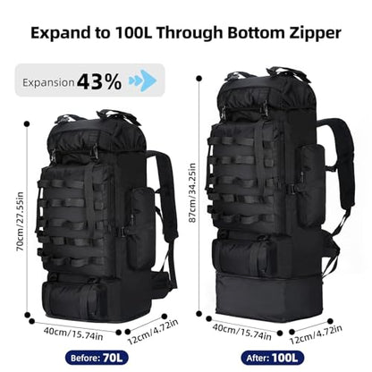 70L/100L Camping Hiking Backpack with Rain Cover, Expandable Large Military Tactical Backpack, Waterproof Molle Racksack Travel Backpacking Daypack for Climbing Trekking (Black) - color: Black