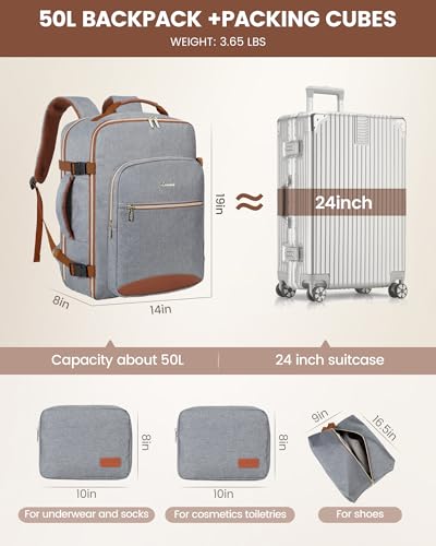 LOVEVOOK 50L Travel Backpack Flight Approved Carry on Backpack,3 Packing Cubes,Waterproof Personal Item Travel Bag,TSA Carry on Luggage Suitcase Travel Essentials,Gifts for Women & Men,fits 18" Laptop - color: Grey-brown, size: X-Large-50L-4Pcs