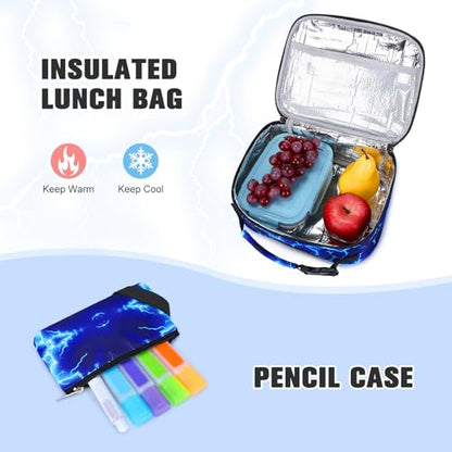 Bevalsa Backpack for Boys, Lightning School Bags with Lunch Bag & Pen Case for Kids, Bookbag for Boys Teens Elementary Middle High School - color: Blue Football