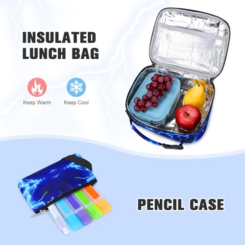 Bevalsa Backpack for Boys, Lightning School Bags with Lunch Bag & Pen Case for Kids, Bookbag for Boys Teens Elementary Middle High School - color: Blue Football