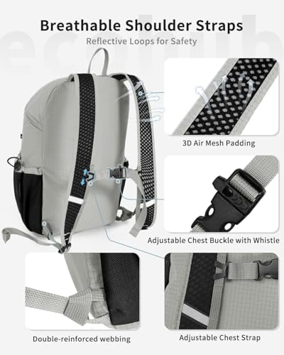 ECOHUB 15L Lightweight Casual Daypack, Packable Backpack for Daily Use, Hiking & Travel, Foldable Small Backpack with Stretch Mesh Pockets, Water-Resistant Nylon, Reflective Design - color: Grey