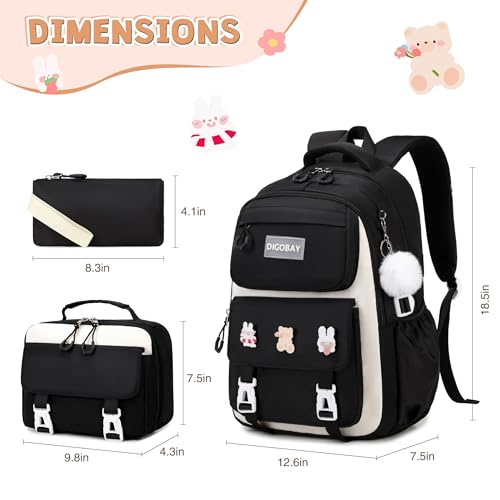 DIGOBAY 3PCS Girls Backpack for School, Large Kids Backpack for Girls with Lunch Box Pencil Case Set for Teen Girl Elementary Primary Middle High College School Bookbag with Cute Pins (Black-beige) - color: Black-beige