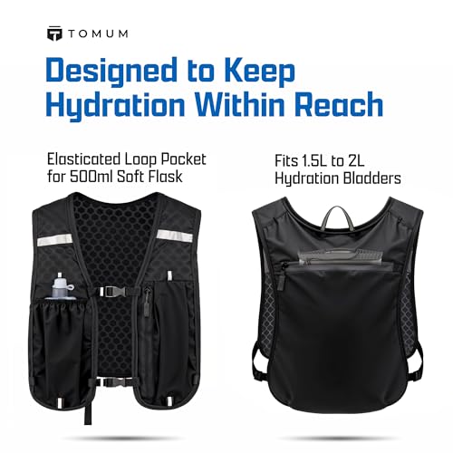 Tomum Running Vest for Women Men - Hydration Backpack Water Bottle Runner Vest for Hiking Trail Run Marathon Jogging - Lightweight Reflective Runners Vests Water Bag Back Pack with Phone Pocket