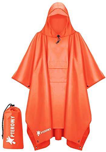 PTEROMY 3-in-1 Hooded Rain Poncho for Adult with Pocket, Waterproof Lightweight Unisex Raincoat for Hiking Camping Emergency - color: Orange