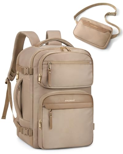BAGSMART Womens Backpack Carry On Flight Approved, Travel Backpack for Women with Waist Bag,Traveling Lightweight Weekender Casual Daypack 17.3" Laptop Work Back pack Personal Item Bag,Champagne - color: Champagne