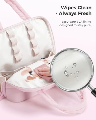Wandering Nature Standing Makeup Bag for Travel, Portable Fold-down Cosmetic Organizer, Puffer Open Make Up Pouch with Handle & Divider & Brush Holder, Easy Clean Toiletry Bag with EVA Lining - color: A1: Pink
