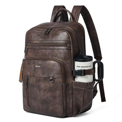 Shrrie Vegan Leather Laptop Backpack for Women,17 Inch Computer Backpack Purse for Work Business College Travel Teacher Nurse with Anti-theft Pocket & Giant Tumbler Holder Pocket,Chocolate - color: Chocolate