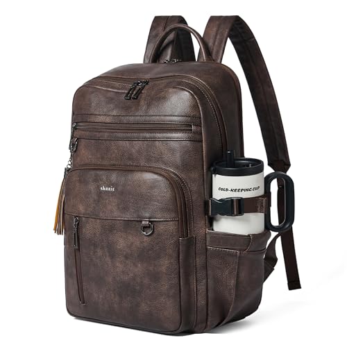 Shrrie Vegan Leather Laptop Backpack for Women,17 Inch Computer Backpack Purse for Work Business College Travel Teacher Nurse with Anti-theft Pocket & Giant Tumbler Holder Pocket,Chocolate - color: Chocolate
