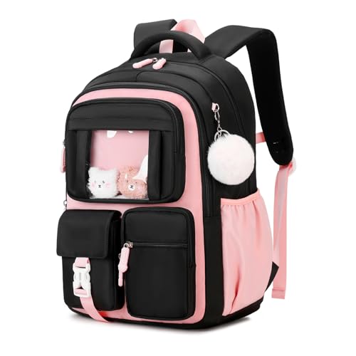 Kids Backpack for Girls School Bags for Middle School Students Book Bag for Elementary Primary Kawaii Ita Backpack, Black and Pink - color: Black and Pink