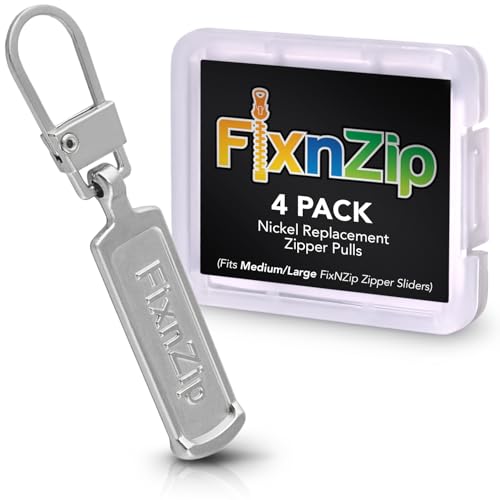 FixNZip Medium to Large Nickel Zipper Pull Replacements (4-Pack) | Universal Clip-On Pull Tabs for Zipper Repair, Sliders & Luggage, Jackets, Backpacks, Tents, Sleeping Bags & Outdoor Gear - color: Nickel