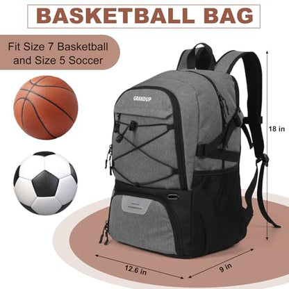 GRANDUP Basketball backpack with ball and shoes compartment Fit Volleyball, soccer, Swim, Gym, Travel, and School, large capacity sports training equipment bags - color: Grey tow ton