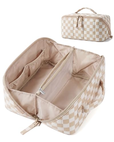 BAGSMART Travel Makeup Bag for Women, Portable Water-resistant Cosmetic Case, Puffy Padded Make Up Organizer Pouch, Open Flat Toiletry Bag for Toiletries, Brushes, Checkred Khaki - color: 08-Checkred Khaki