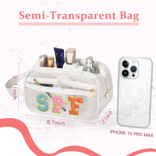 COSHAYSOO Clear Sunscreen Bag SPF Beach Vacation Essentials Waterproof Summer Pool Must Have Accessories for Women Teen Girls, Family Beach Day Organizer Toiletry Pouch Travel Gifts Preppy Letter - color: White-SPF