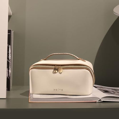 Prite Makeup Bag for Women Travel Waterproof Vegan Leather Cosmetic Bag Open Flat Toiletry Bag With Clear Divider and Handle (Beige, Medium) - color: Beige, size: Medium