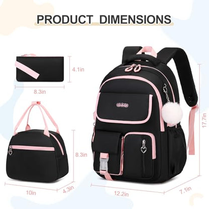 DIGOBAY Backpacks for Girls, 3PCS School Backpack with Lunch Box Pencil Pouch for Teen Girls Kids Elementary Primary Middle High College School Bookbag Set （Black-Pink） - color: Black-pink