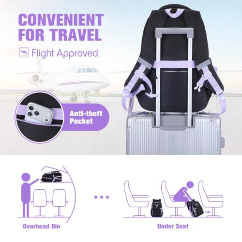 Kids Backpack for Girls - 3PCS Cute Embroidered Bow Girls Backpack with Insulated Lunch Bag & Pencil Case - Bookbag for Teen Women Middle High School College Work Travel Daypack - color: Black Purple