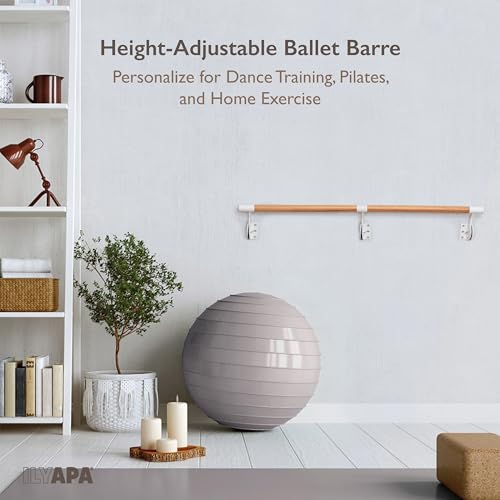 Ilyapa Ballet Barre Bare for Home - Wood Adjustable Wall Mount Ballet Bar Dance Equipment for Barre Workout & Ballet Stretching, Powdercoated White Brackets - size: 5 Ft 8 in.