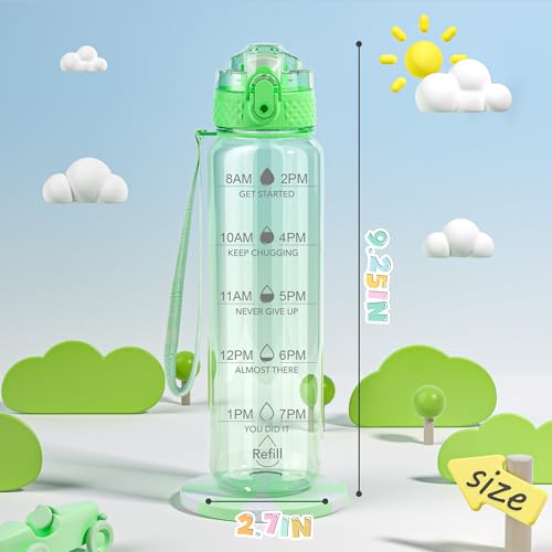 OLDLEY 17oz Kids Water Bottle, Tritan BPA-Free, Leakproof Flip Straw Lid, Motivational Time Marker, Carry Strap, Reusable Clear Water Bottle for Boys & Girls,Pear - color: Pear, style: 17 Ounces