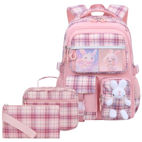 3pcs Girls Backpack With Lunch Box & Pencil Case,Cute Rabbit Kids School Backpack Set For Kindergarten & Elementary School (Style B Pink-16.5in) - color: Style B-pink