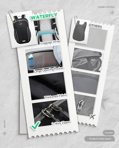 WATERFLY Lightweight Packable Backpack, 25L Small Foldable Travel Daypack | Multi-Pocket with Luggage Strap, Breathable Back Pad, Comfortable to wear, Easy to Fold, Compact Day Pack for Hiking Outdoor - color: Black