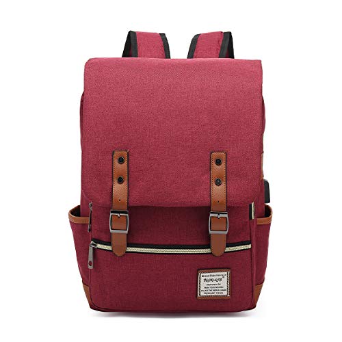 UGRACE Vintage Laptop Backpack with USB Charging Port, Elegant Water Resistant Travelling Backpack Casual Daypacks College Shoulder Bag for Men Women, Fits up to 15.6Inch Laptop in Red - color: Red