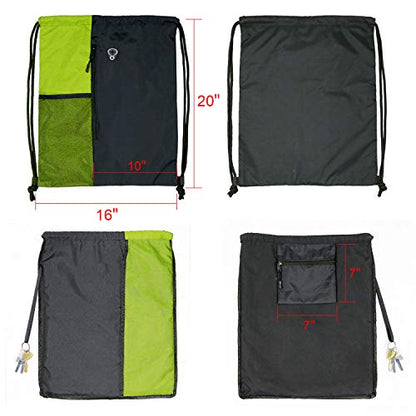 BeeGreen Lime Gym Bag Drawstring Backpack for Women Sports Backpack Workout Bag With 2 Water Bottle Mesh Pockets And Two Zipper Pockets - color: Black/Lime, style: Drawstring With Mesh Pocket