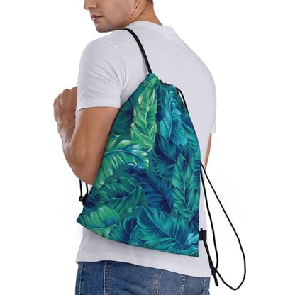 Green Tropical Palm Leaf Summer Drawstring Bags Backpack Sport Gym Sack For Men Women - color: Black16