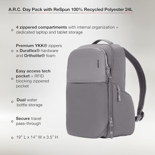 Incase A.R.C. Daypack 24L – Travel Backpack and Laptop Bag for School - Fits up to 16 inch Laptop - 4 Zippered Compartments, 2 Water Bottle Pockets - Commuter and College Backpack - Grey - color: Grey