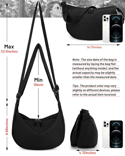 Crossbody Crescent Bag for Women Men Trendy, Crescent Sling Bag with Adjustable Strap, 2 Zippers Lightweight - color: Black