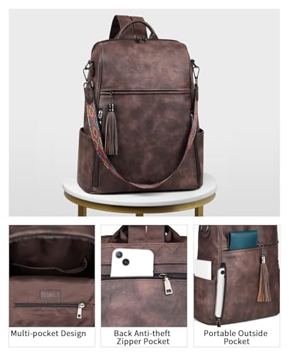 FADEON Leather Laptop Backpack for Women Designer 15.6 inch PU Laptop Bag, Ladies Travel Computer Work Backpack Coffee Brown - color: Coffee Brown Retro Style